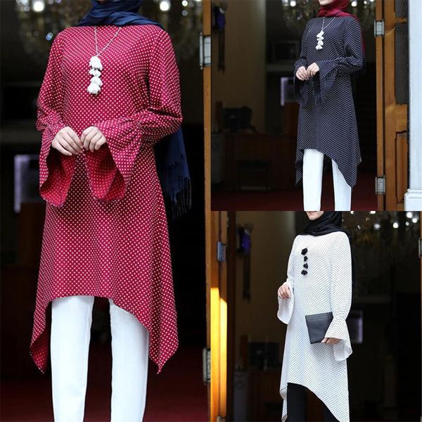 

ethnic clothing islamic abaya dress muslim women solid polka dot dresses high waist shirt long sleeve eid mubarak irregular 2021, Red