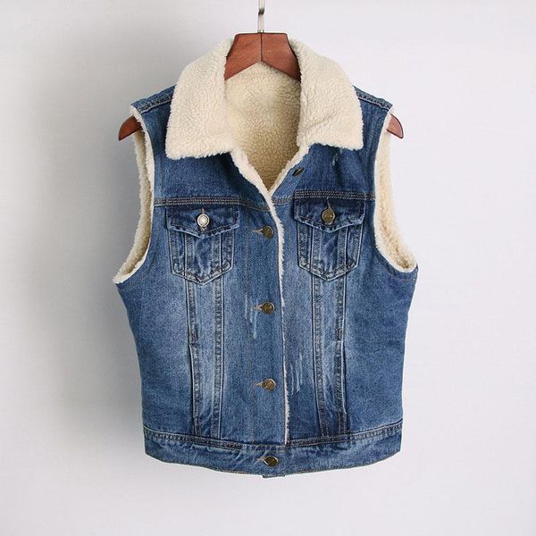 

women's vests autumn winter slim denim vest faux lamb wool short sleeveless jackets women ripped blue cotton waistcoat casual clothing, Black;white