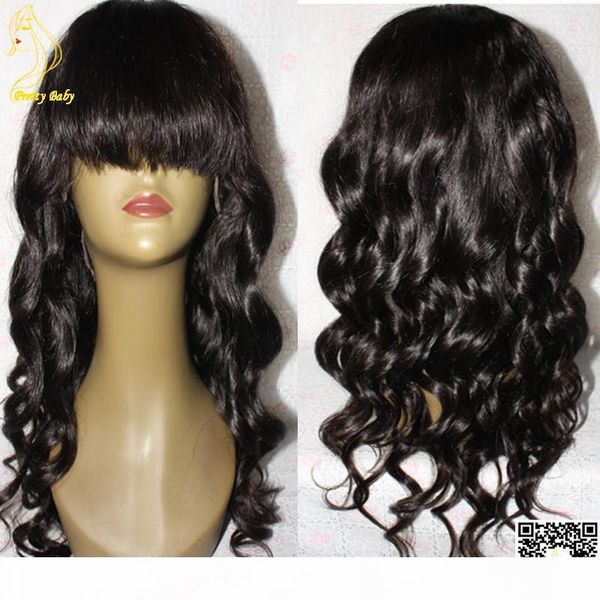 

full lace human hair wigs body wave with bangs peruvian lace front human hair wig wavy hair glueless wig full bangs, Black;brown