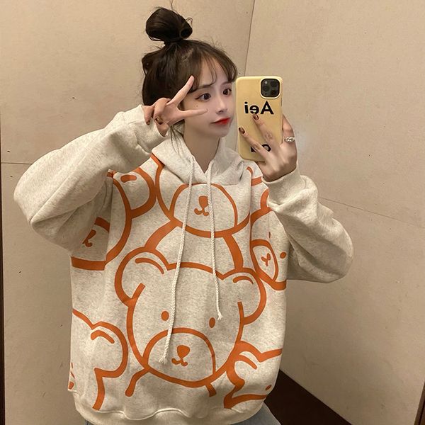 

2021 autumn new product college style loose wild cartoon bear print thick sweatshirt stitching pullover long sleeve hoodie vlvp, Black