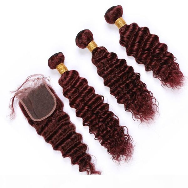 

#99j wine red peruvian wavy human hair 3bundles with closure burgundy red deep wave curly virgin hair weave extensions with lace closure 4x4, Black;brown