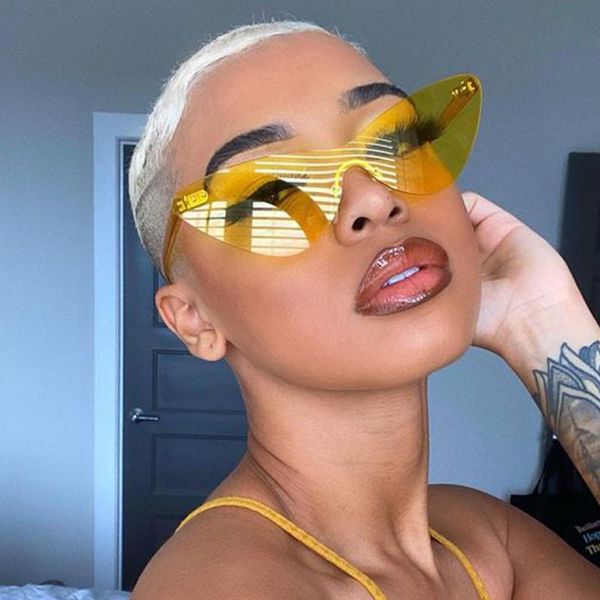 

sunglasses 2021 cute retro cat eye women frameless one piece goggles candy color female fashion green pink eyeglass uv400, White;black