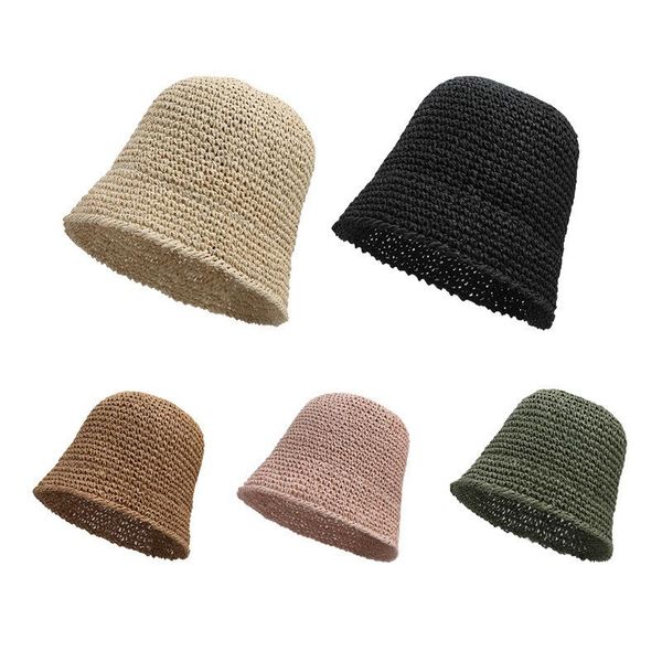 

bucket hat pure color straw buet in spring and summer, Blue;gray