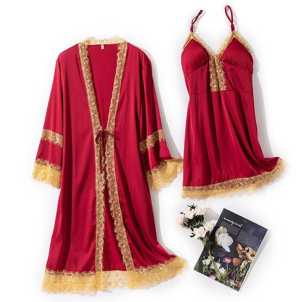 

women's sleepwear nightgowns thin ice silk two piece set home suit with chest pad sleepshirts bath robe robes for women, Black;red