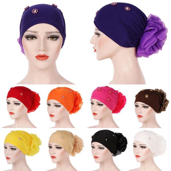 Mulheres algodão flor muçulmano hijab islâmico grânulos elásticos chapéu cabeça lenço turbante tampão muçulmano turbante hijab para meninas bandana chapéu