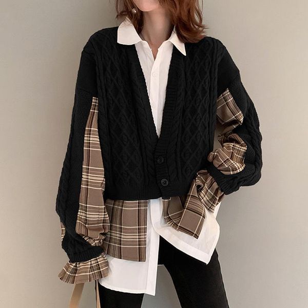 

women's knits & tees [ewq] korea chic knitted cardigan spliced autumn 2021 laple loose single breasted long sleeve sweater 16e2810, White