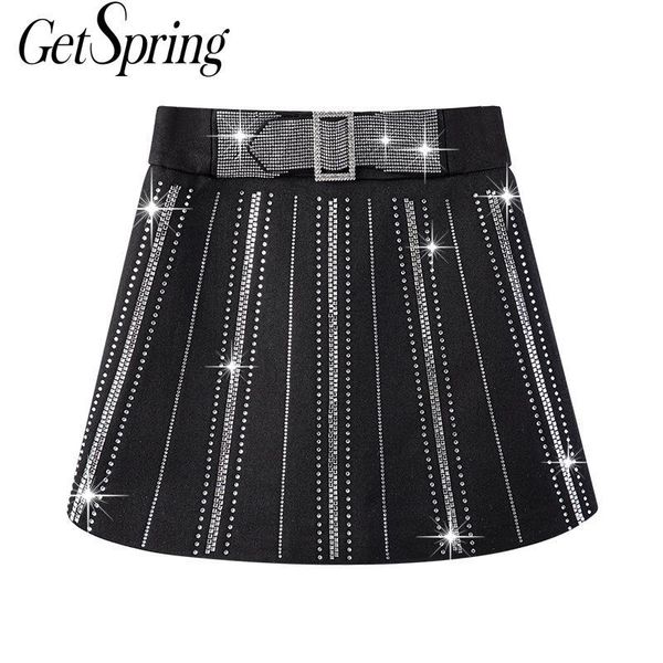 

getspring women skirt diamond vintage high waist skirts womens all match vintage high waist short pleated skirts women 2021 new, Black