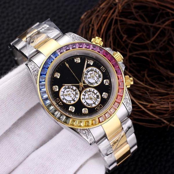

wristwatches sapphire crystal rose gold watch luxury automatic mechanical rainbow diamond bezel mens watches fashion, Slivery;brown