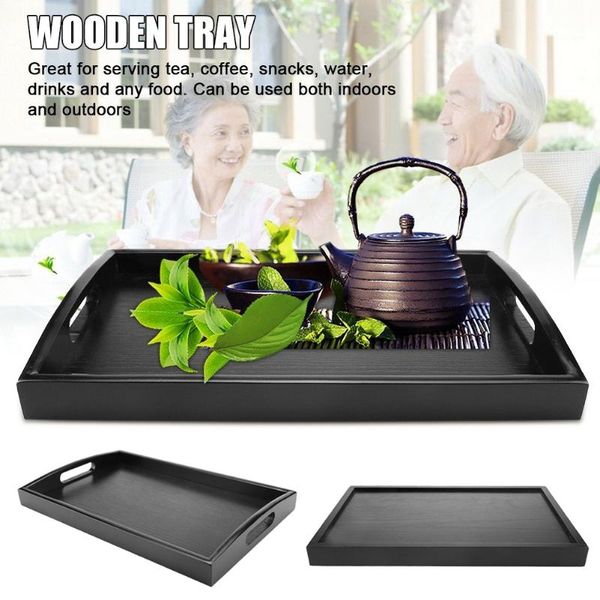 

dishes & plates serving tray large black wood rectangle butler breakfast trays with handles easy to grip pjop