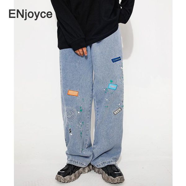 

men's jeans fashion blue pockets men plus size loose casual spring japan style straight wide leg hip hop printed full length pants