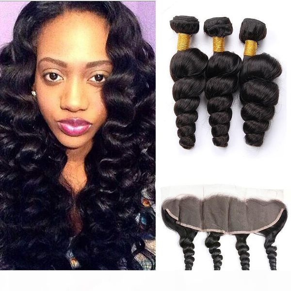 

peruvian raw virgin hair extensions loose wave 3 bundles with 13x4 lace frontal ear to ear pre plucked loose wave curly 8-30inch, Black;brown