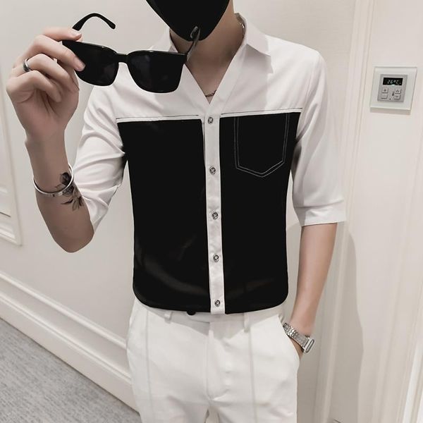 

men's casual shirts summer stitching men korean half sleeve slim fit shirt 2021 fashion streetwear social party blouse chemise homme, White;black