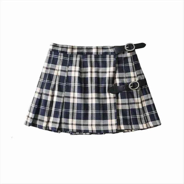 

college style belt buckle decoration womens skirts plaid pleated girly sweet, Black