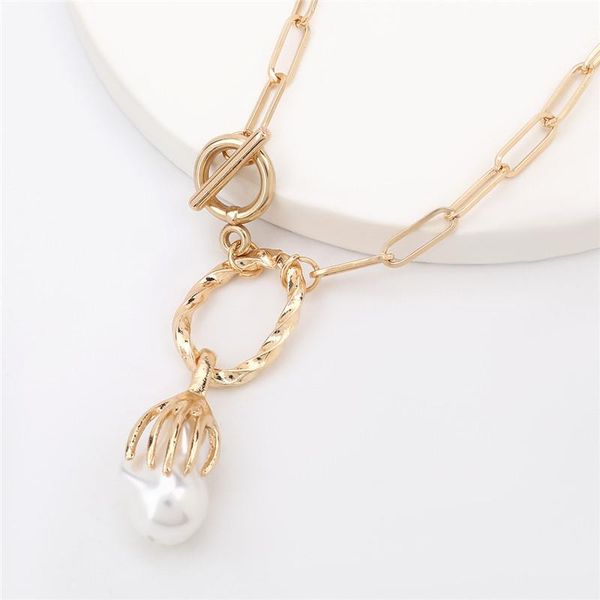 

chains irregular palm pearl pendant necklaces for women chunky chain circles baroque elegant, Silver