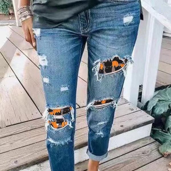 

women's jeans stretch hole slim denim pants street wear ladies skinny jeggings mom ripped slimming high-waist, Blue