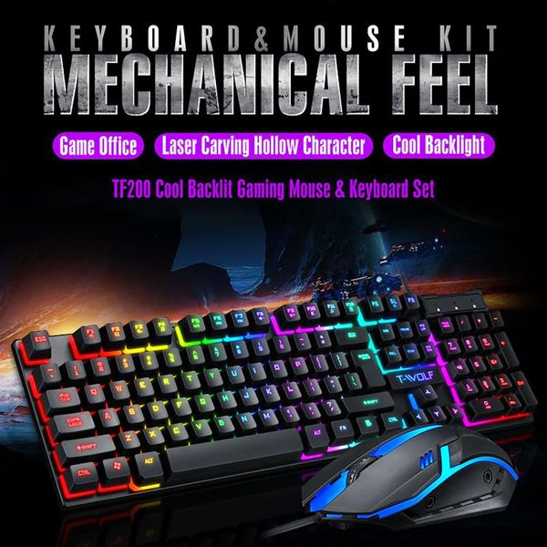 

waterproof durable mechanical keyboard tf200 rainbow backlight usb ergonomic gaming keyboard and mouse set for laptop