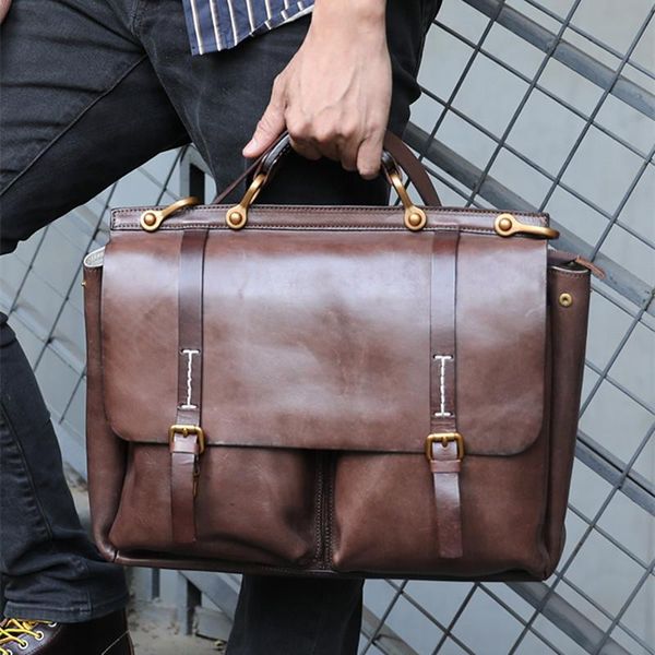 

briefcases washed old vegetable tanned cowhide handbags men's shoulder messenger bag leather large capacity briefcase 14 inch lapbags