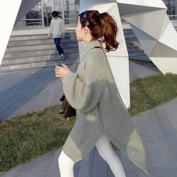 

2021 new women's korean style autumn winter knitted split long lantern sleeve ladies half turtleneck es for female o3oe, Black;gray