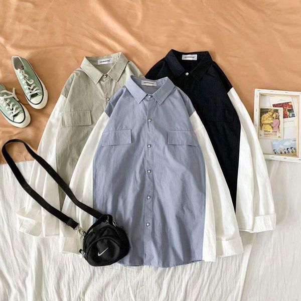 

ins super long-sleeved shirt men and women korean pocket stitching trend wild loose hong kong style casual shirt, White;black