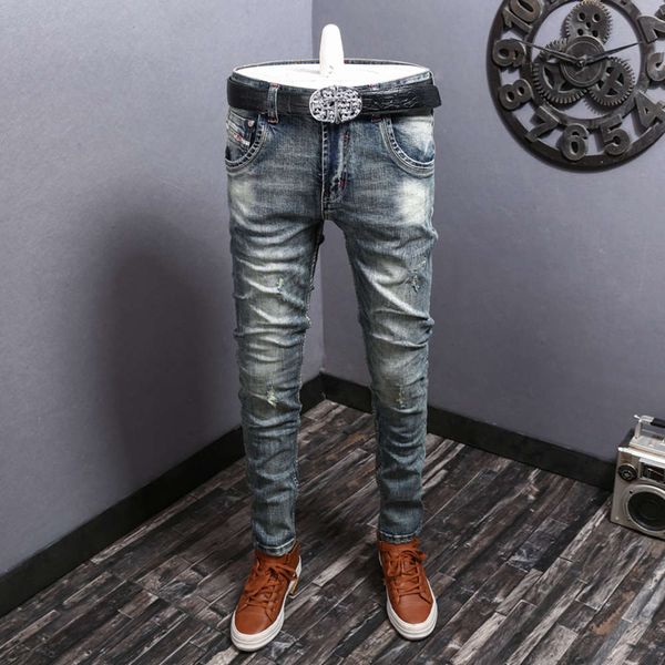 

light color pierced jeans brand autumn and winter new slim small feet men's korean fashion casual pants, Blue