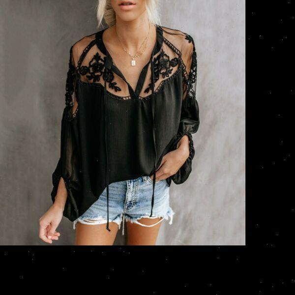 

2021 vogue boho mesh lace hook flower lantern sleeve shirts loose white black chiffon lace patchwork blouse womens daily