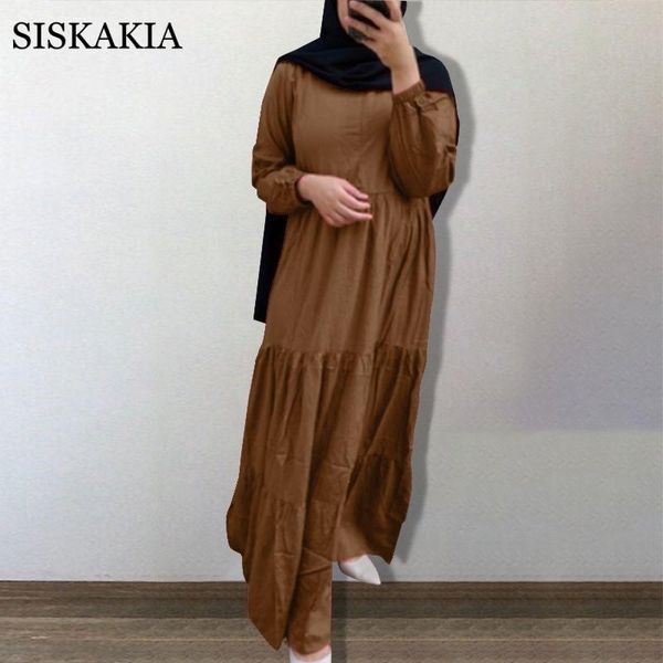 

casual dresses siskakia solid pleated maxi dress women o neck long sleeve loose arabic dubai abaya middle east muslim turkey islamic clothes, Black;gray