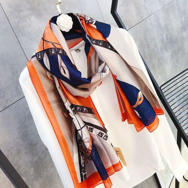 

spring and summer new chain simulation printing sunscreen silk scarf fashion trend decorative shawl, Blue;gray