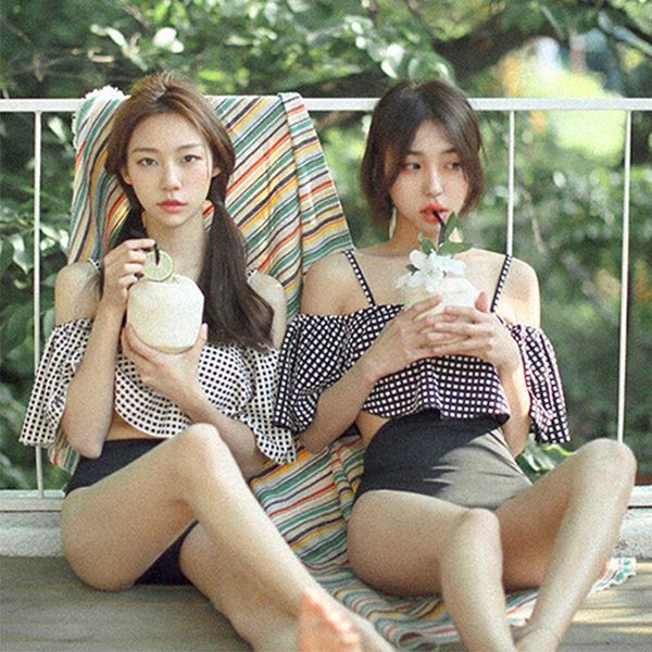 

swimwear women vintage ruffled swimsuit high waist shoulder strap gathers print bikini set bathing swimming suit for women