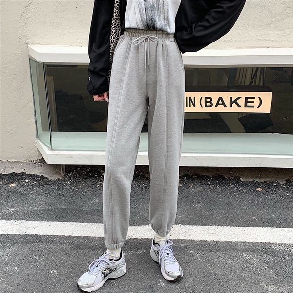 

new 2021 high waist pants women solid chic sports streetwear elegant minimalist thick all match casual harem trousers k8o9, Black;white