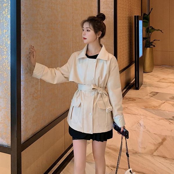 

jackets for women fashion korean splice stripe beige pu leather jacket with belt female streetwear moto biker coat outerwear, Black;brown