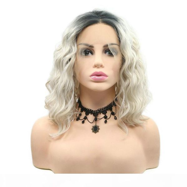 

wave blonde lace front wigs synthetic hair short bob haircut heat resistant flawless pastel wig for lady drag queen, Black
