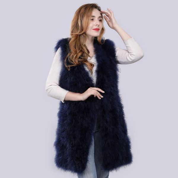 

women's fur & faux lady casual vest real turkey gilet knitted autumn winter women genuine ostrich waistcoat long style 90 cm, Black