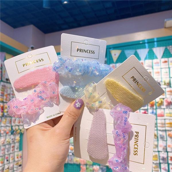 

2 pcs korean sweet girl simple cute colorful sequins bb clip fashion children beautiful mesh gauze rubber band hair accessories, Slivery;white