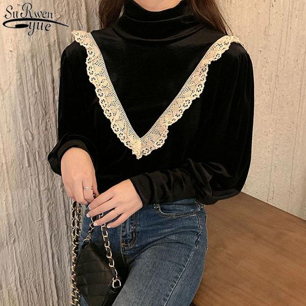 

sweet black lace shirt women autumn versatile retro women's blouse gold velvet court style long sleeve female blusas 12494, White