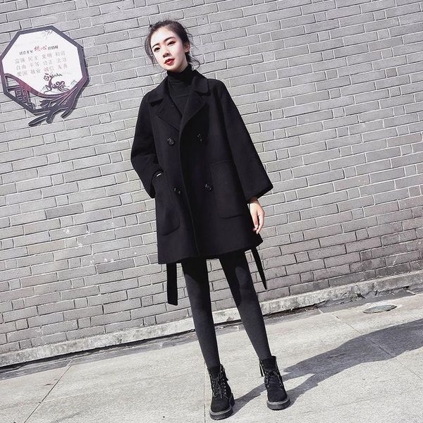 

women's wool & blends 2021 women autumn winter vintage outerwear lady lace up double breasted mid-long jacket female casual solid loose, Black