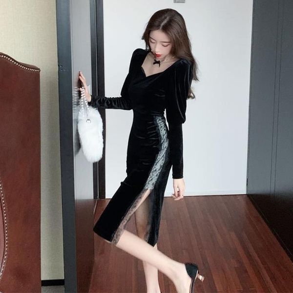 

korean women with upper waist thin bodycon slit dressed lace sew velvet dress spring y711 jspo, Black;gray