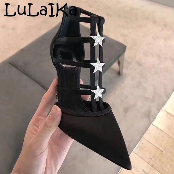 

dress shoes 2021 ladies summer black satin rhinestone star pointed sandals t strap back zipper cutout nightclub party high heels