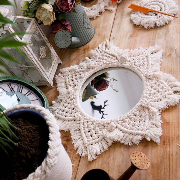 

mirrors wall decor nordic vintage round make up for home hand-woven glass decorative boho macrame mirror bedroom1