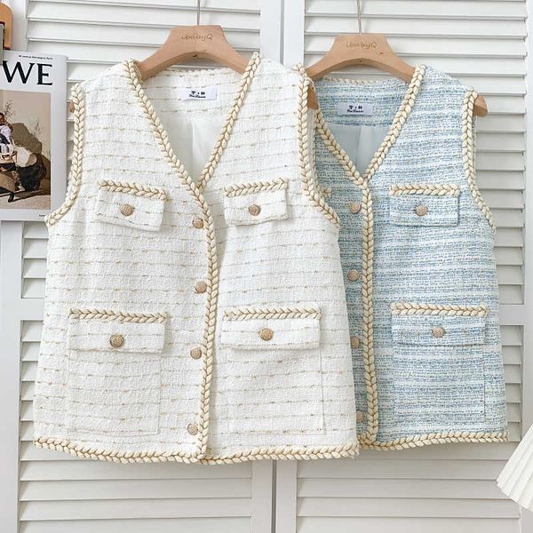 

temperament fashion lady clothes v neck sleeveless vest coat women tweed single breasted knitted korean chic spring jacket 210610, Black;white