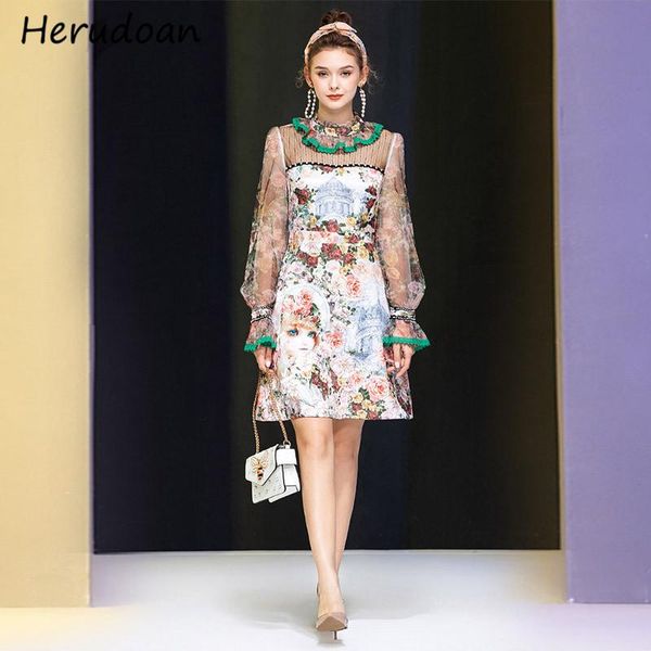 

casual dresses herudoan summer fashion runway dress women elegant ruffles lace patchwork floral print long sleeve vintage short jacquard, Black;gray