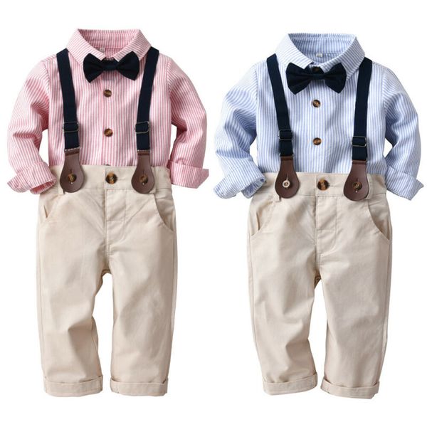 

2pcs 0-4y autumn gentleman kids boys clothes sets striped long sleeve shirts +bib overalls pants, White