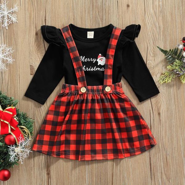 

clothing sets 2021 xmas kid girls christmas two-piece clothes black round collar pullover and suspender skirt 2pcs child girl set, White