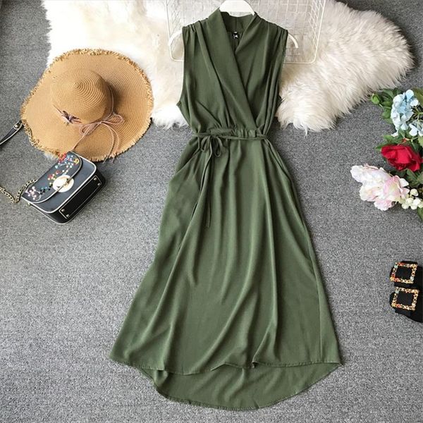 

slim solid v neck summer women dress chiffon midi long party beach tank sundress basic dresses casual tie elegant vestidos, Black;gray
