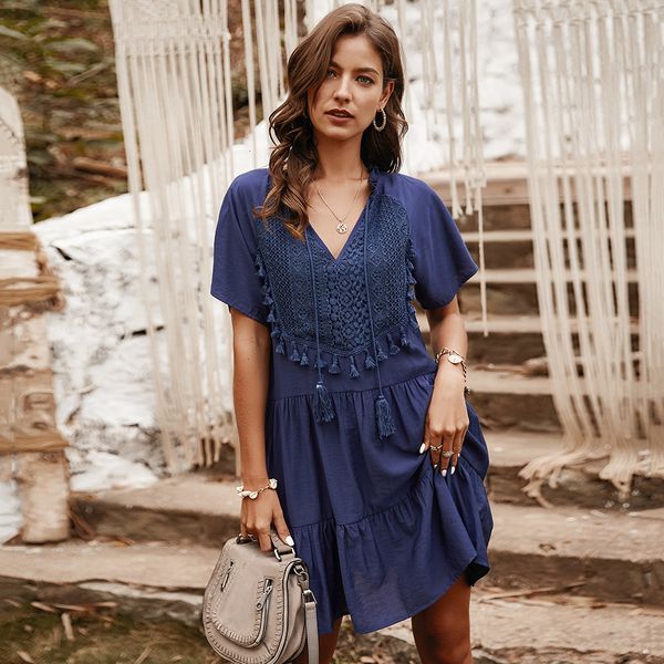 

2021 new summer mini patchwork lace elegant ladies dresses short loose casual beach dress boho women vestidos xn57, Black;gray