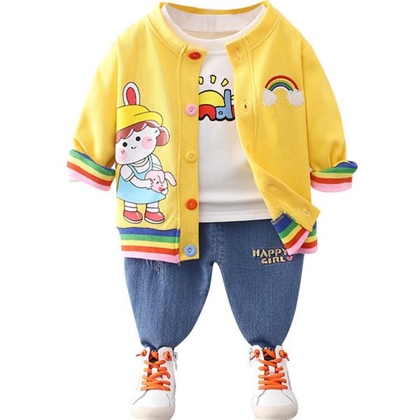 

fashion kids cotton clothing sets 1-6t baby girls cartoon designer cardigan denim suit +sweater+jeans=3pcs/set, White