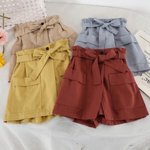 

women's shorts 2021 summer safair style solid sashes women casual pockets high waist fashion drawstring slim wide leg, White;black