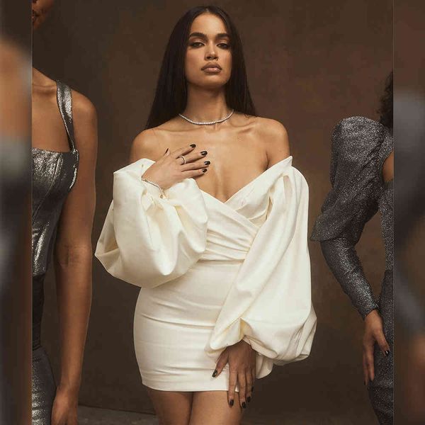 

casual dresses autumn white v neck lantern sleeve mini bandage vintage elegant evening party qlmh, Black;gray