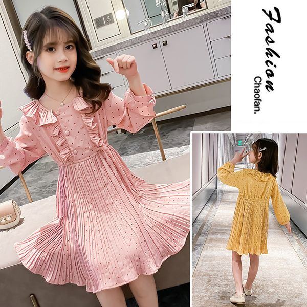 

girl dress long sleeve kids dresses for girls children s clothing chiffon dot princess dress elegant autumn 4 6 8 10 12 14 year, Red;yellow