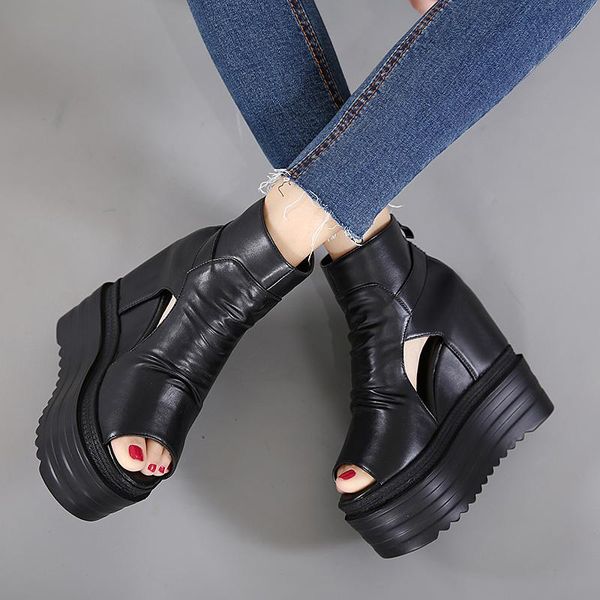 

dress shoes european wedges with high-heeled sandals muffin thick-bottom fish mouth internal increase women's cool boots12cm, Black