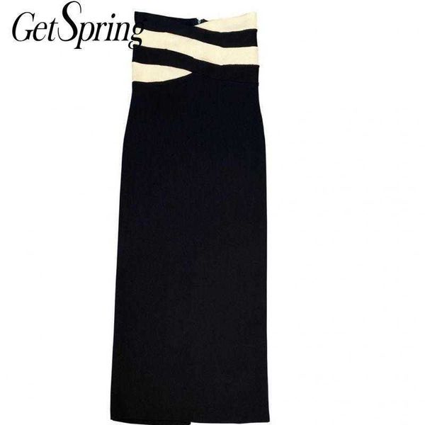 

inproda women dress sleeveless off shoulder knitting dresses color matching vintage stripe 210601, Black;gray